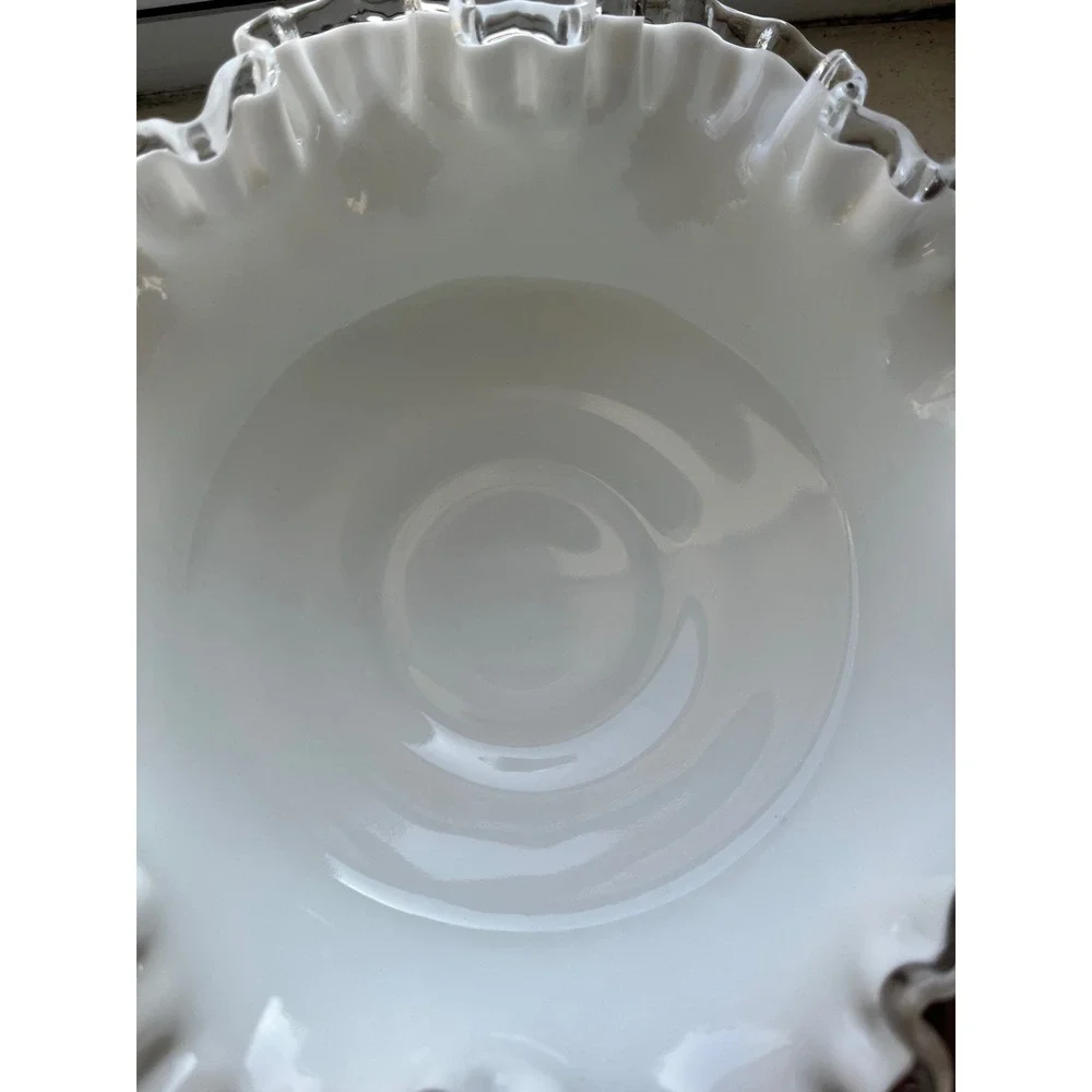 Fenton Milk Glass‎ Spanish Lace Silver Crest Ruffled Bowl Vintage Centerpiece